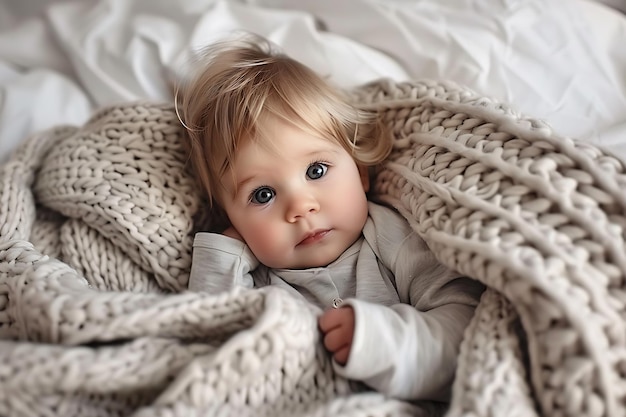 Foto retrato de uma linda menina deitada na cama