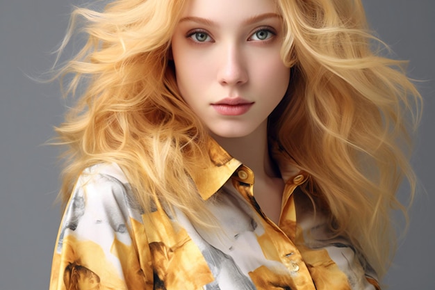 Retrato de uma linda menina loira com cabelo longo encaracolado Foto de estúdio