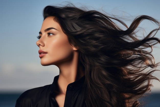 Retrato de uma linda morena com cabelos balançando contra o céu