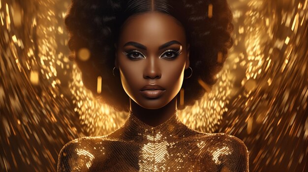 Foto retrato de uma linda mulher afro-americana em vestido dourado em fundo brilhante