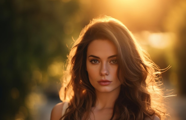 Foto retrato de uma linda mulher ao pôr do sol generative ai