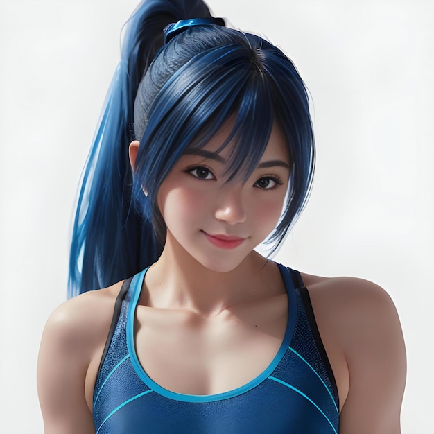 Retrato de uma linda mulher asiática com cabelo azul e roupas esportivas