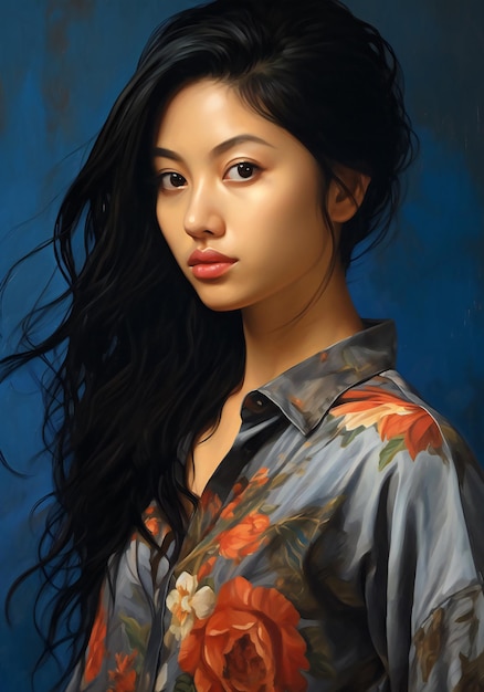 Retrato de uma linda mulher asiática com longos cabelos negros