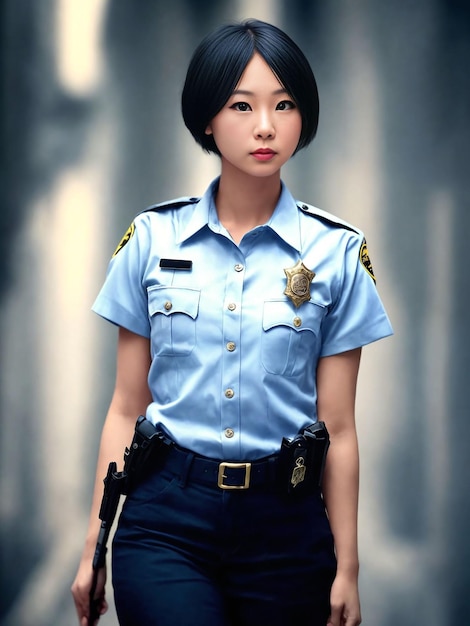 Retrato de uma linda mulher asiática vestindo roupa de policial Generative AI