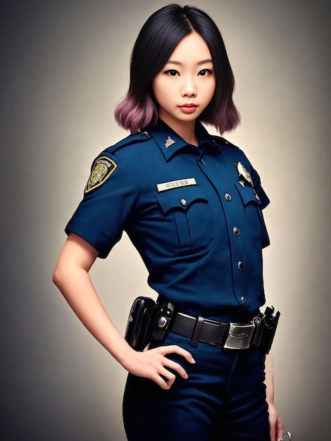 Retrato de uma linda mulher asiática vestindo roupa policial Generative AI