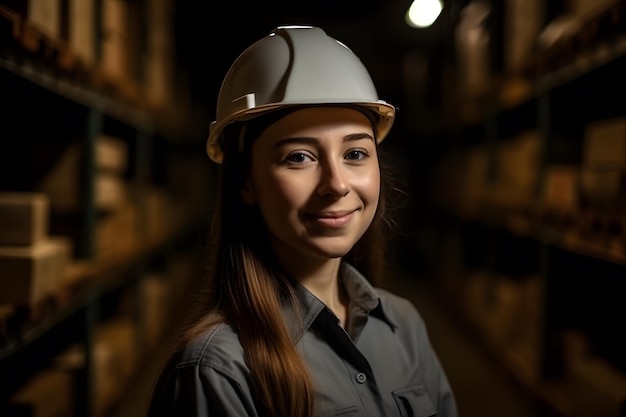 Retrato de uma linda mulher caucasiana trabalhadora supervisora com trabalho de terno de segurança de engenheiro em grande armazém de fábrica Generative ai