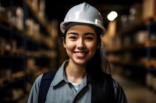 Retrato de uma linda mulher caucasiana trabalhadora supervisora com trabalho de terno de segurança de engenheiro em grande armazém de fábrica Generative ai