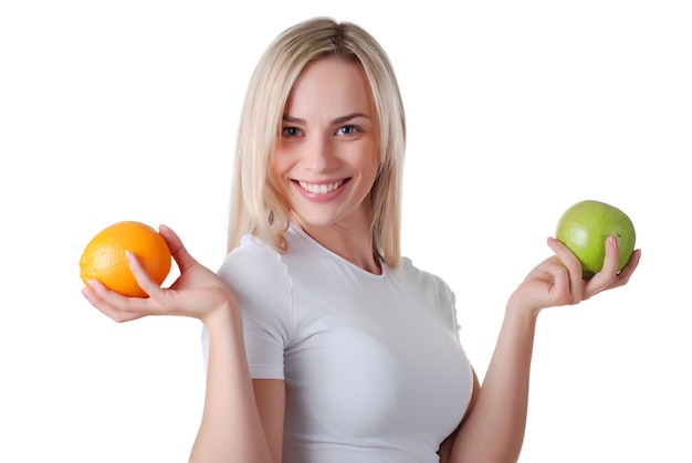 Retrato de uma linda mulher com maçã verde e laranja