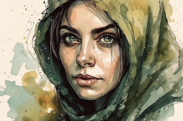 Retrato de uma linda mulher com um hijab verde ou cachecol cobrindo o cabelo ou a cabeça Pintura em aquarela