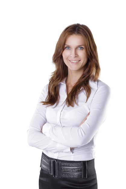 Retrato de uma linda mulher de negócios isolada em branco