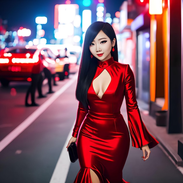 Retrato de uma linda mulher de vestido vermelho na arte generativa da noite de rua por IA