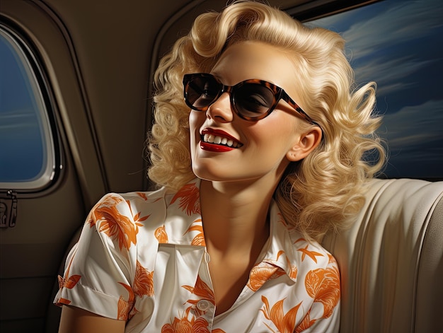 Retrato de uma linda mulher dos anos 50 com cabelos castanhos ao lado do carro como nos anos 50