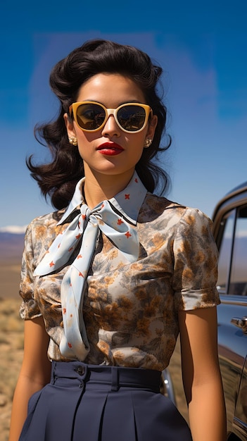 Retrato de uma linda mulher dos anos 50 com cabelos castanhos ao lado do carro como nos anos 50