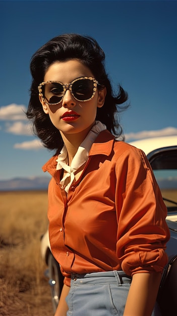 Retrato de uma linda mulher dos anos 50 com cabelos castanhos ao lado do carro como nos anos 50