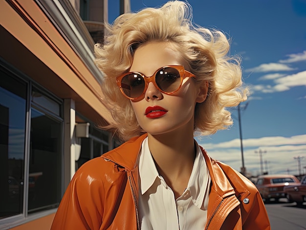 Retrato de uma linda mulher dos anos 50 com cabelos loiros ao lado do carro como nos anos 50