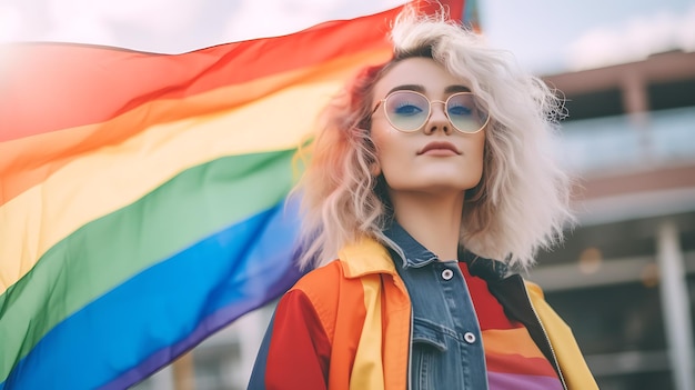 Retrato de uma linda mulher em frente a uma bandeira LGBTCriado com tecnologia Generative AI