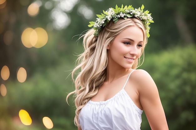 Retrato de uma linda mulher em roupas de verão com uma coroa de flores na cabeça contra o pano de fundo da natureza Generative AI