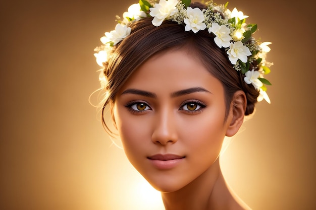 Retrato de uma linda mulher em roupas de verão com uma coroa de flores na cabeça contra o pano de fundo da natureza Generative AI