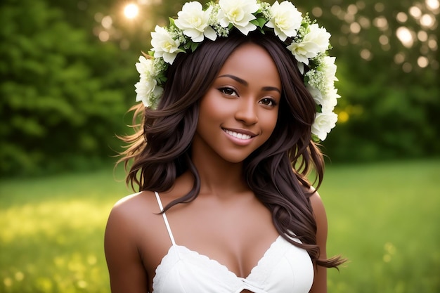 Retrato de uma linda mulher em roupas de verão com uma coroa de flores na cabeça contra o pano de fundo da natureza Generative AI