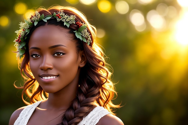 Retrato de uma linda mulher em roupas de verão com uma coroa de flores na cabeça Generative AI