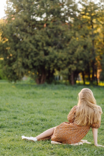 Retrato de uma linda mulher em um vestido preguiçoso na grama verde no campo, a natureza nas férias do dia de verão