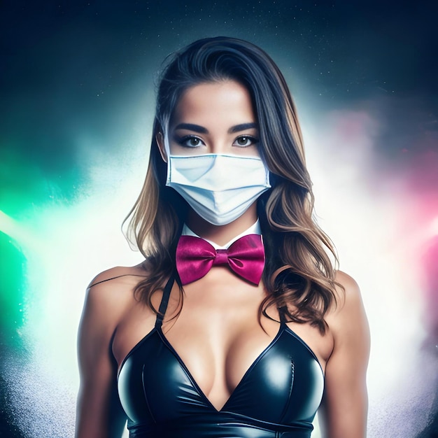 Retrato de uma linda mulher em uma máscara médica e gravata borboleta