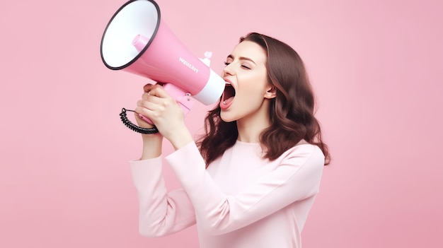 Retrato de uma linda mulher gritando em megafone isolado em fundo rosa pastel