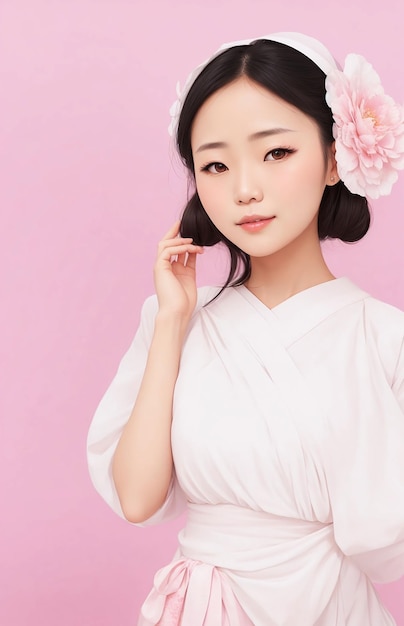 Retrato de uma linda mulher japonesa usando vestido branco