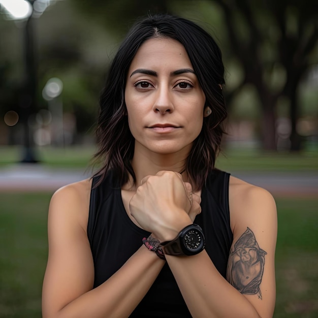 Retrato de uma linda mulher latina com braços tatuados e relógio de pulso