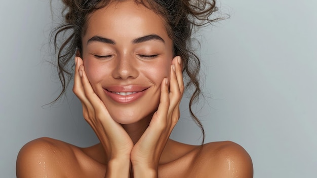 Retrato de uma linda mulher latina tocando seu rosto limpo e saudável contra um fundo cinza Mulher hispânica sorridente com maquiagem natural, sentindo a pele saudável com os olhos fechados Mimos de cuidados de beleza