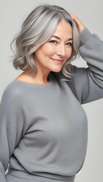 Retrato de uma linda mulher madura com um suéter cinza sobre um fundo cinza