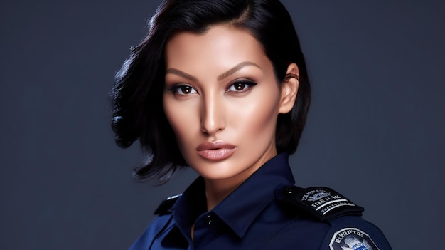 Retrato de uma linda mulher morena em uniforme policial em fundo escuro