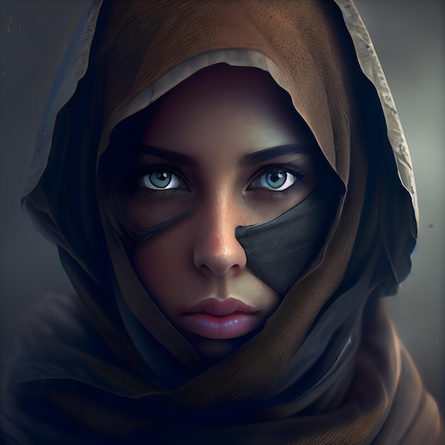 Retrato de uma linda mulher muçulmana em um véu sobre fundo escuro