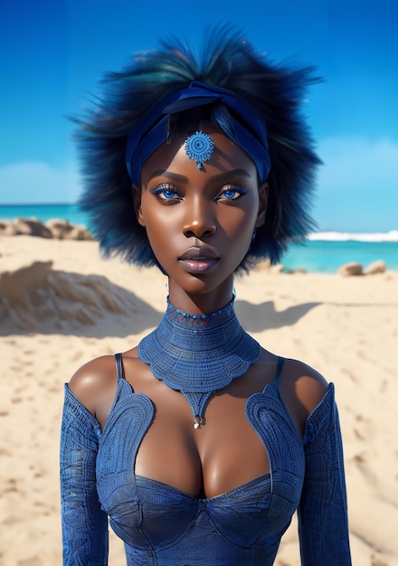 Retrato de uma linda mulher negra com olhos azuis na praia