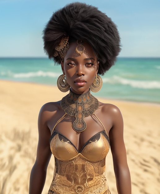 Retrato de uma linda mulher negra com olhos castanhos na praia