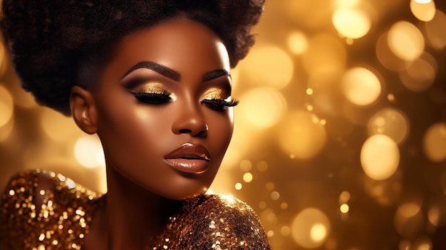 Foto retrato de uma linda mulher negra em vestido dourado em fundo brilhante