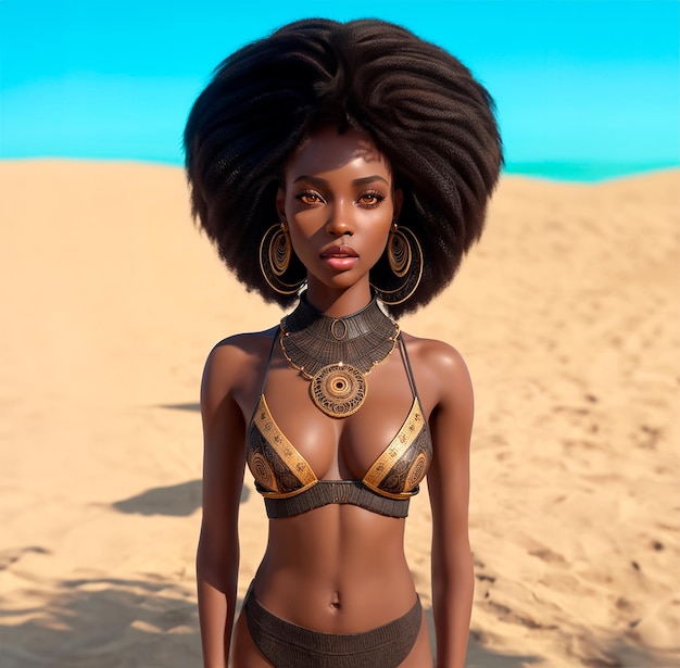 Retrato de uma linda mulher negra exótica com olhos castanhos na praia