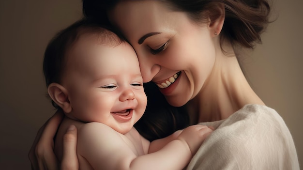 Retrato de uma linda mulher segurando um bebê recém-nascido Mãe amorosa carregando seu bebê recém-nascido nos braços Criado com Generate Ai Technology