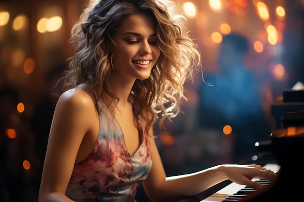 retrato de uma linda mulher tocando piano