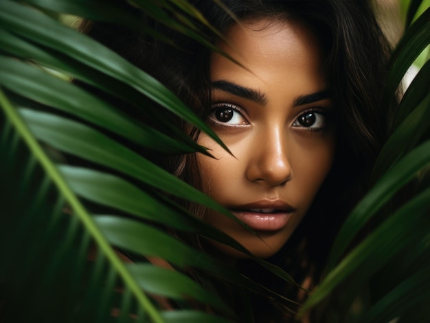 retrato de uma linda mulher tropical olhando através da grande folha verde na selva tropical