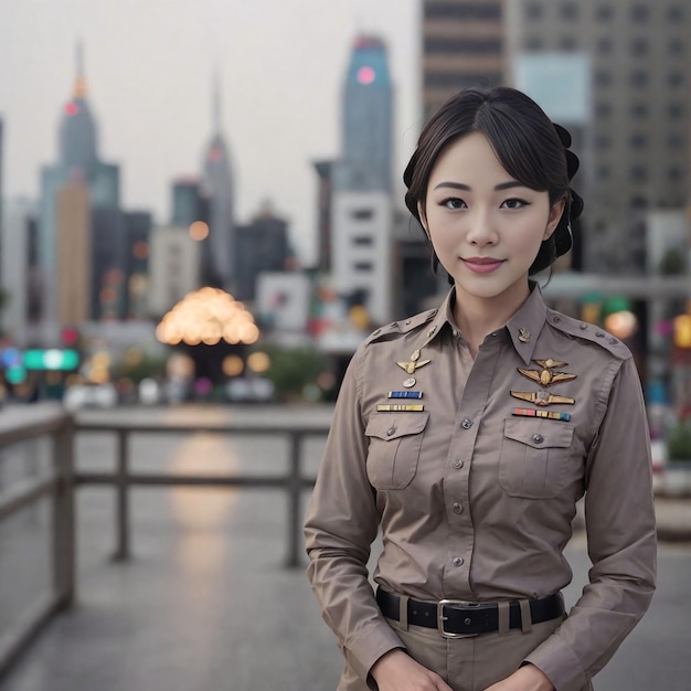 Retrato de uma linda policial asiática tailandesa vestindo uniforme Generative AI