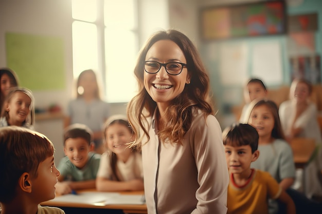 Retrato de uma linda professora sorridente em uma aula na escola primária olhando para a câmera com aprendendo