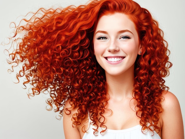 Retrato de uma linda ruiva alegre com cabelo encaracolado voador sorrindo rindo sobre fundo branco