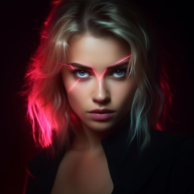 Retrato de uma loira atraente em um quarto escuro com raio laser