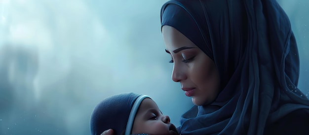 Retrato de uma mãe muçulmana de hijab com seu bebê em fundo desfocado imagem gerada por IA