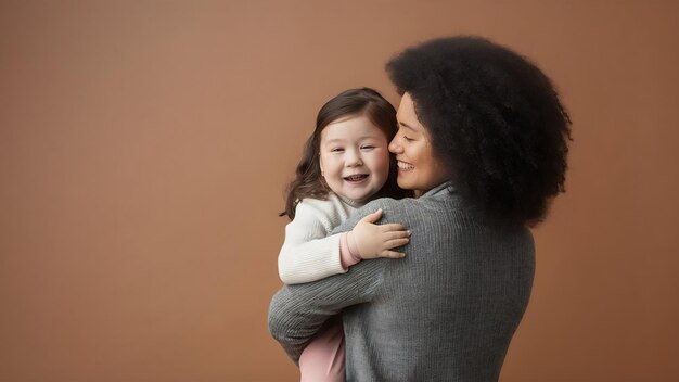 Retrato de uma mãe segurando uma filha feliz com síndrome de Down enquanto está de pé contra a planície