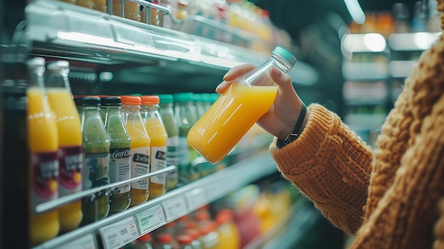 Retrato de uma mão de mulher pegando uma garrafa de suco de vidro de uma geladeira de uma loja com um grande espaço para texto ou produto ia geradora