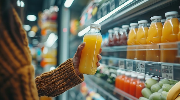 Retrato de uma mão de mulher pegando uma garrafa de suco de vidro de uma geladeira de uma loja com um grande espaço para texto ou produto IA geradora