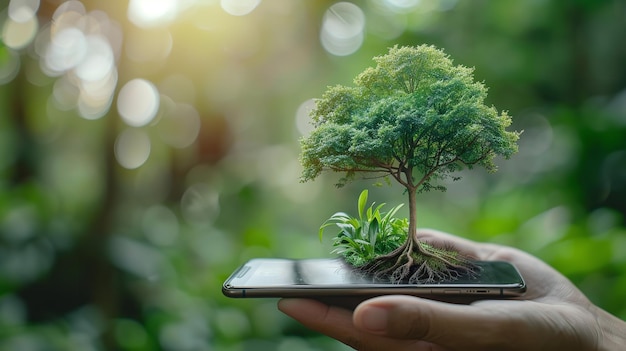 Retrato de uma mão segurando um telefone móvel e planta com um grande espaço para texto um conceito de vegetação IA geradora