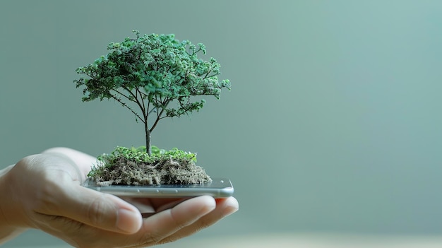 Retrato de uma mão segurando um telefone móvel e planta com um grande espaço para texto um conceito de vegetação IA geradora